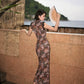 Brown floral qipao gown with lace trim