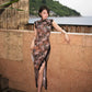Brown floral qipao gown with lace trim
