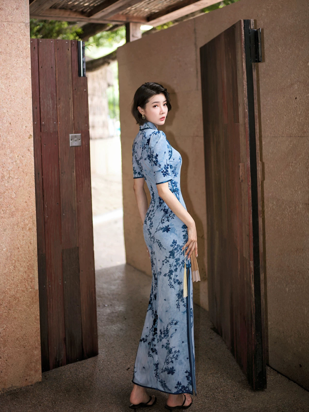 Modern Qipao Gown with Blue Floral Print