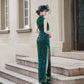 Green sleeveless modern qipao gown