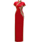 Traditional red qipao gown for the tea ceremony.