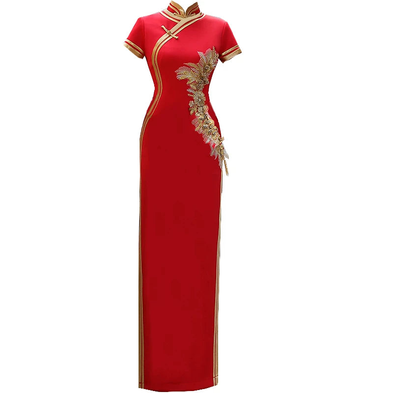 Traditional red qipao gown for the tea ceremony.