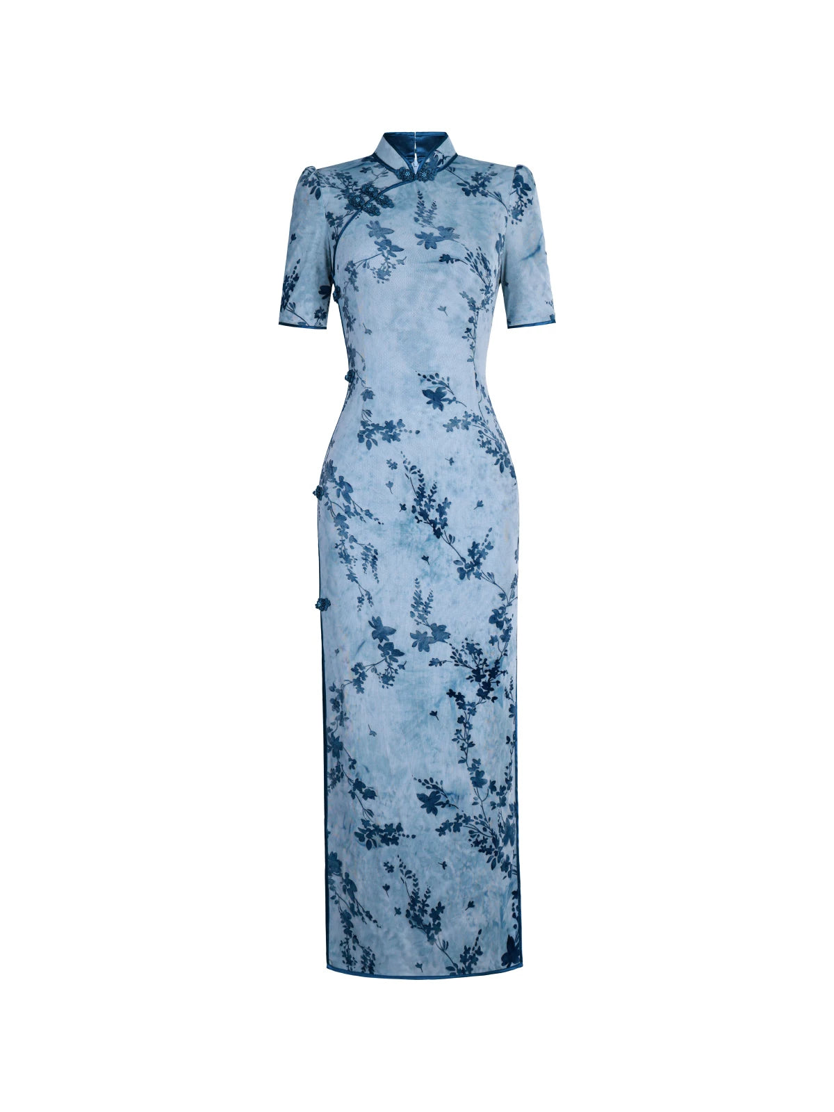Modern Qipao Gown with Blue Floral Print