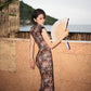 Brown floral qipao gown with lace trim