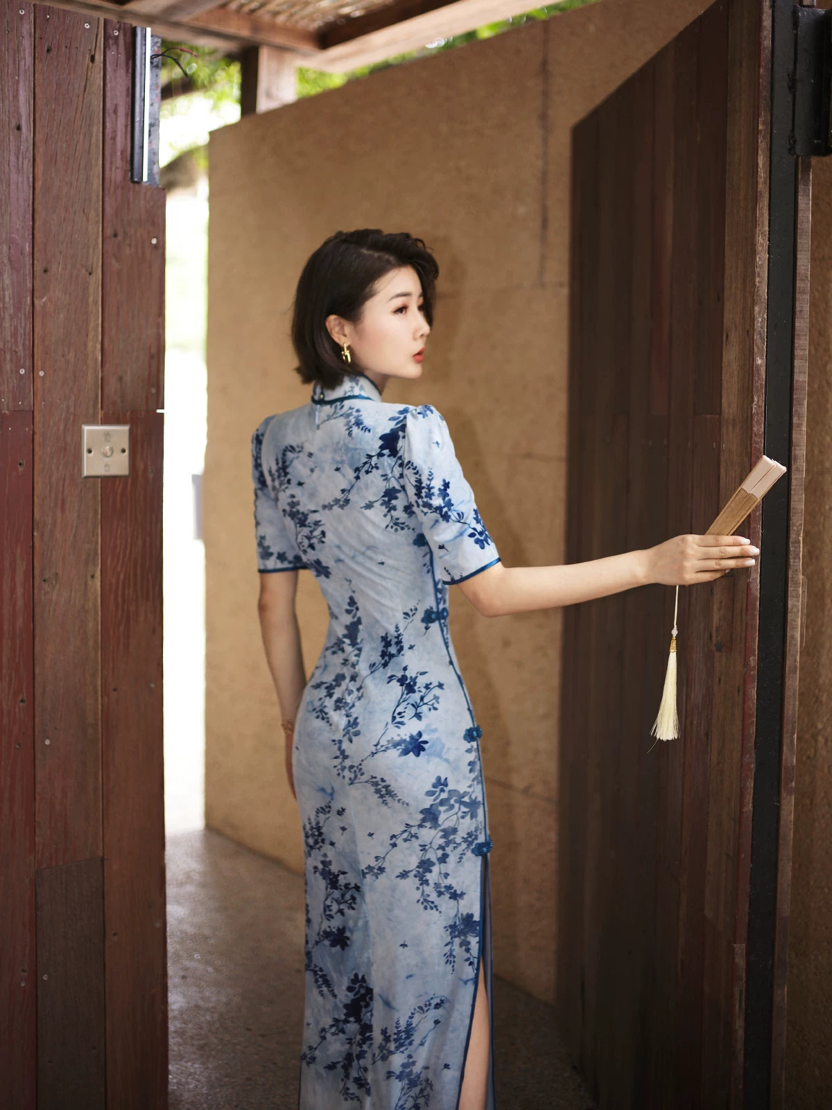 Modern Qipao Gown with Blue Floral Print