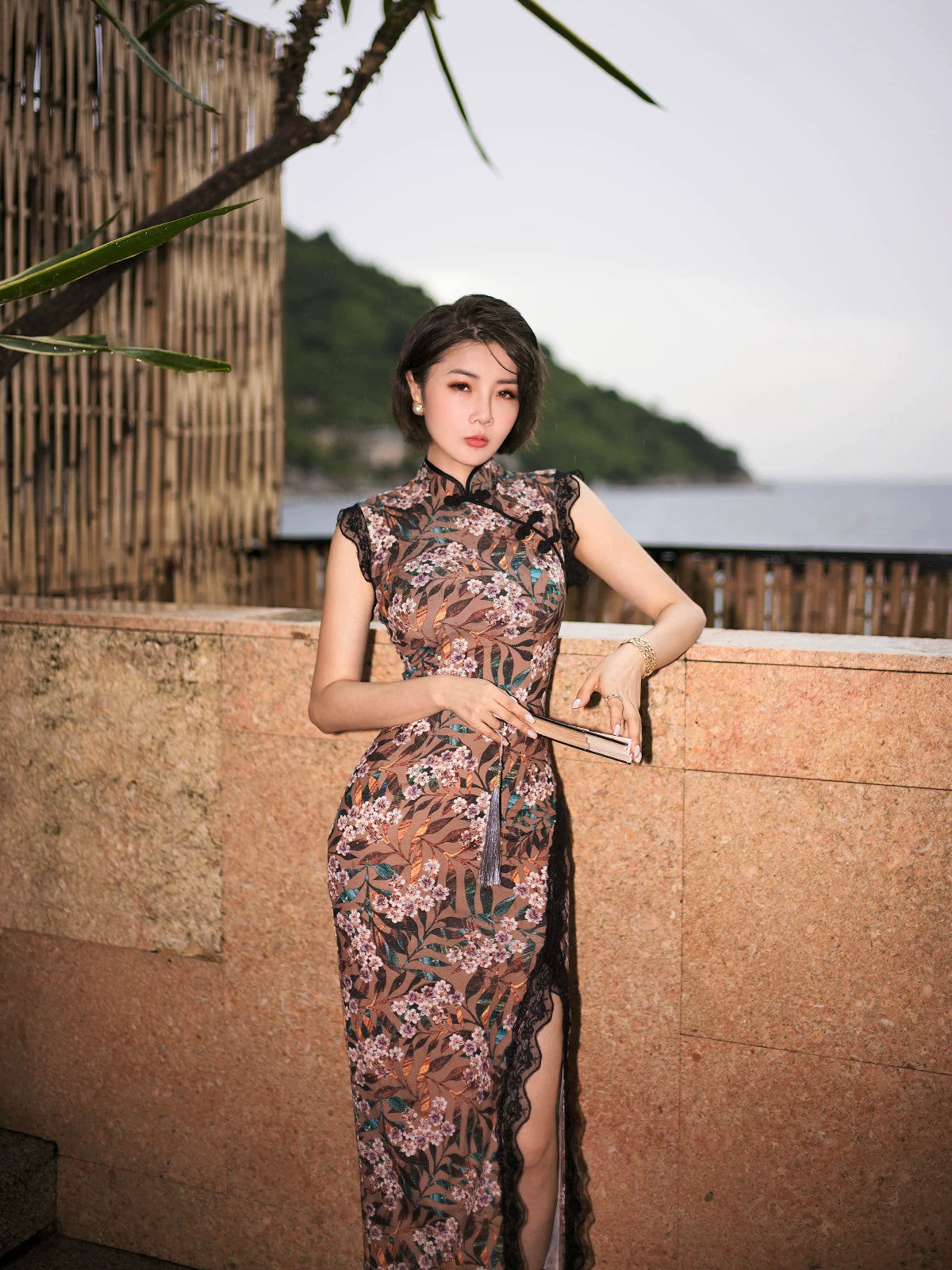 Brown floral qipao gown with lace trim