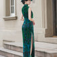 Green sleeveless modern qipao gown