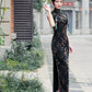 Black sleeveless traditional qipao gown