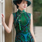 Green sleeveless modern qipao gown
