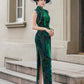 Green sleeveless modern qipao gown