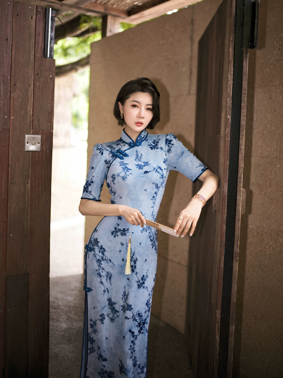 Modern Qipao Gown with Blue Floral Print