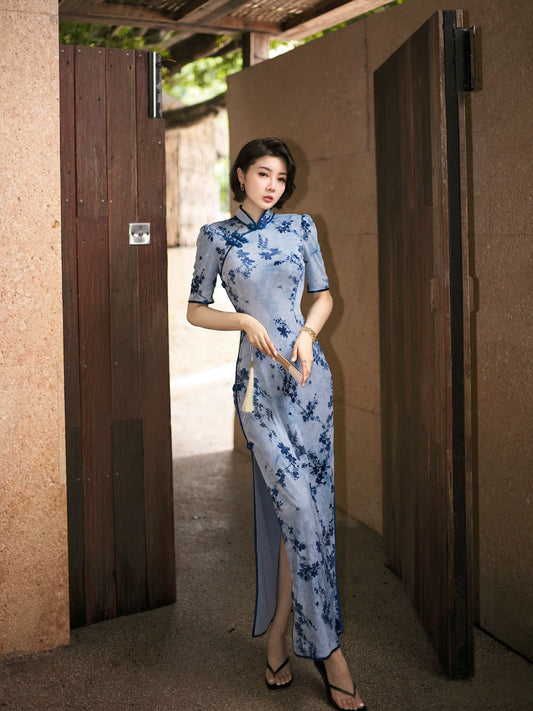 Modern Qipao Gown with Blue Floral Print