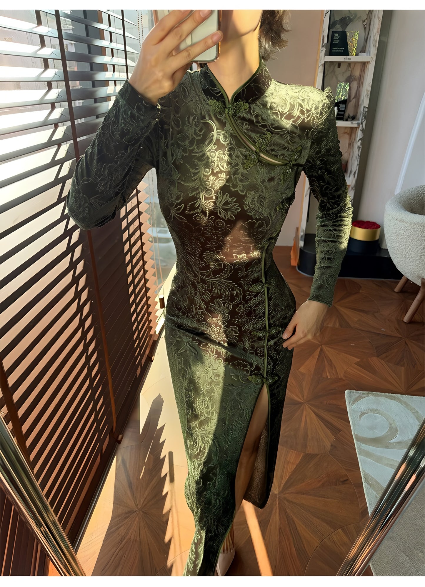 Carved velvet cheongsam dress