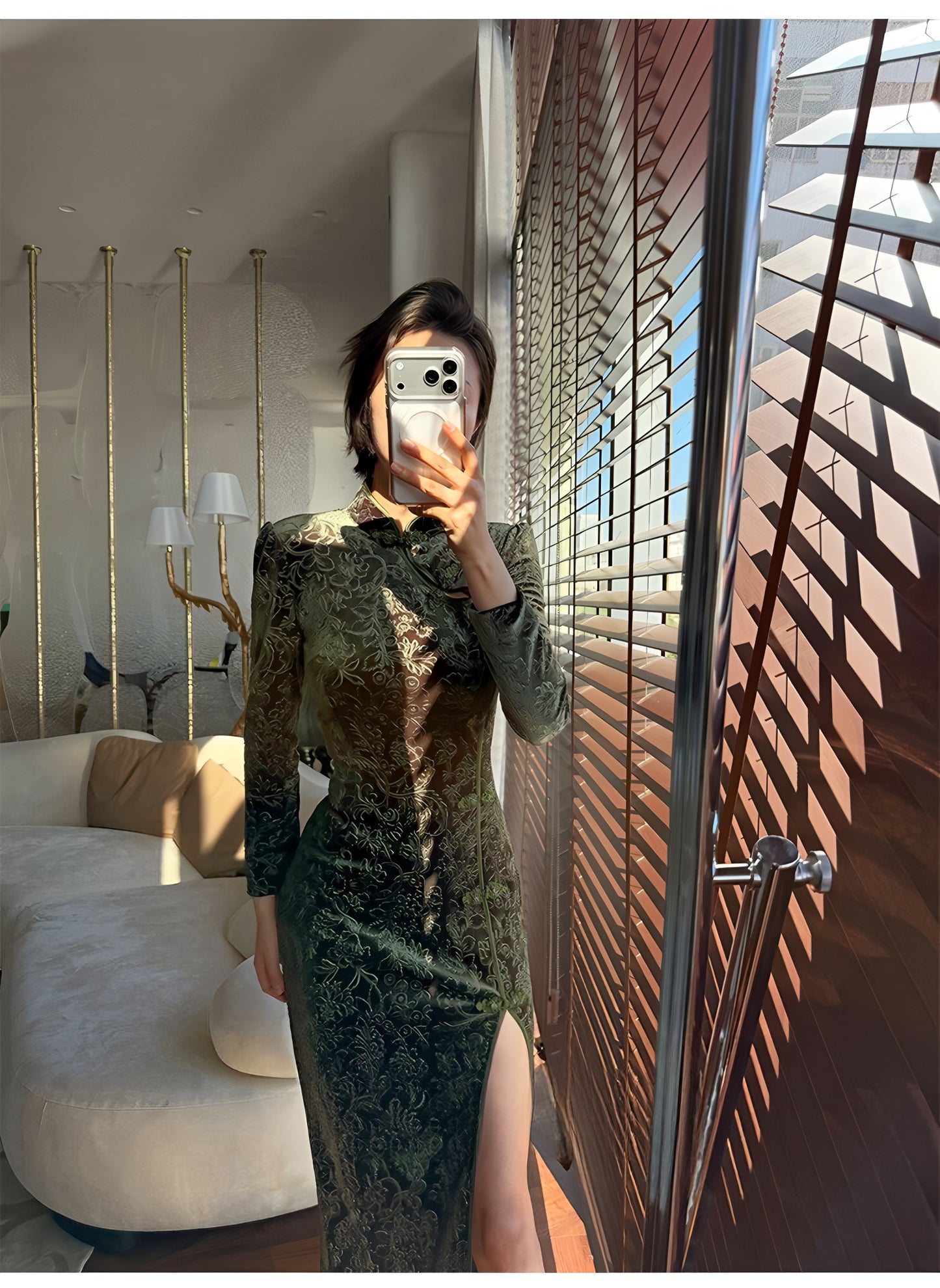 Carved velvet cheongsam dress