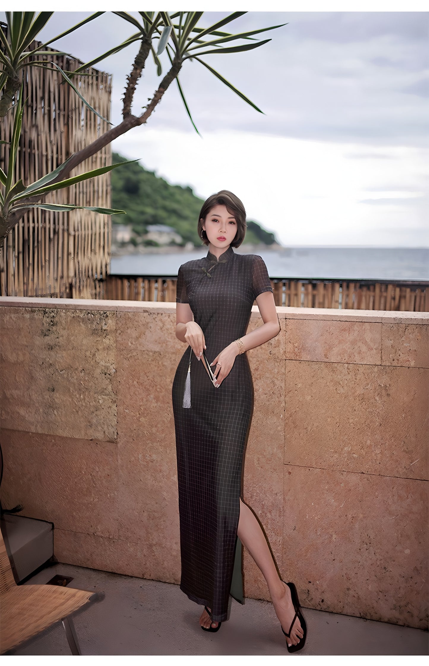 Modern qipao gown with a black plaid print.