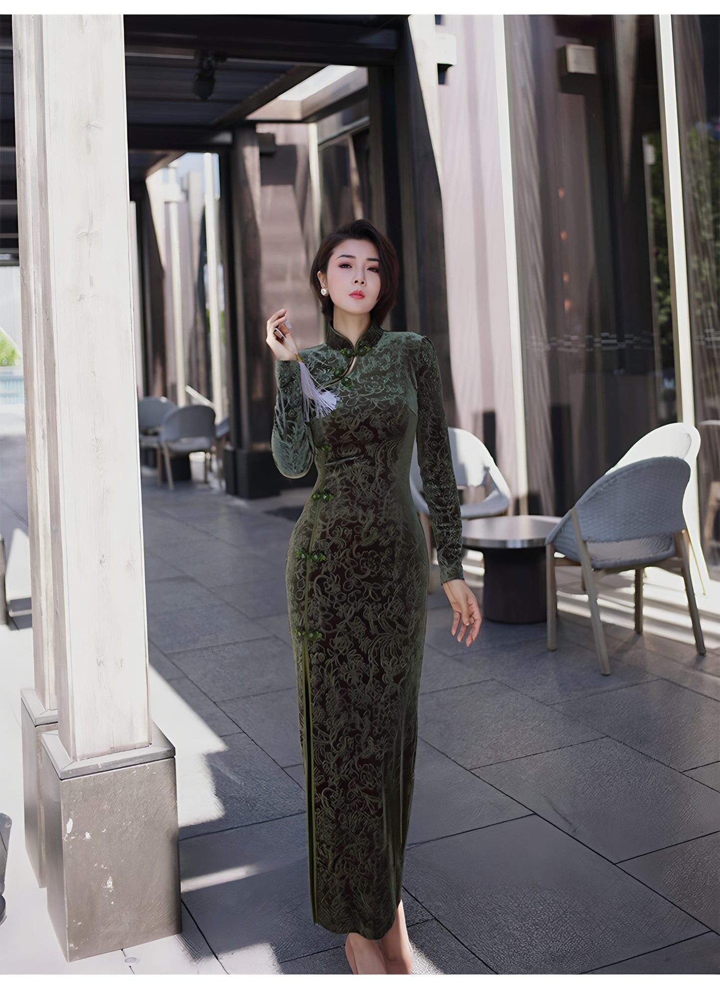 Carved velvet cheongsam dress