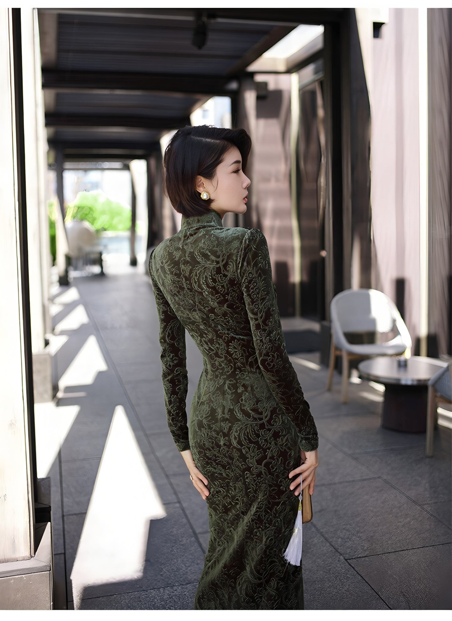 Carved velvet cheongsam dress