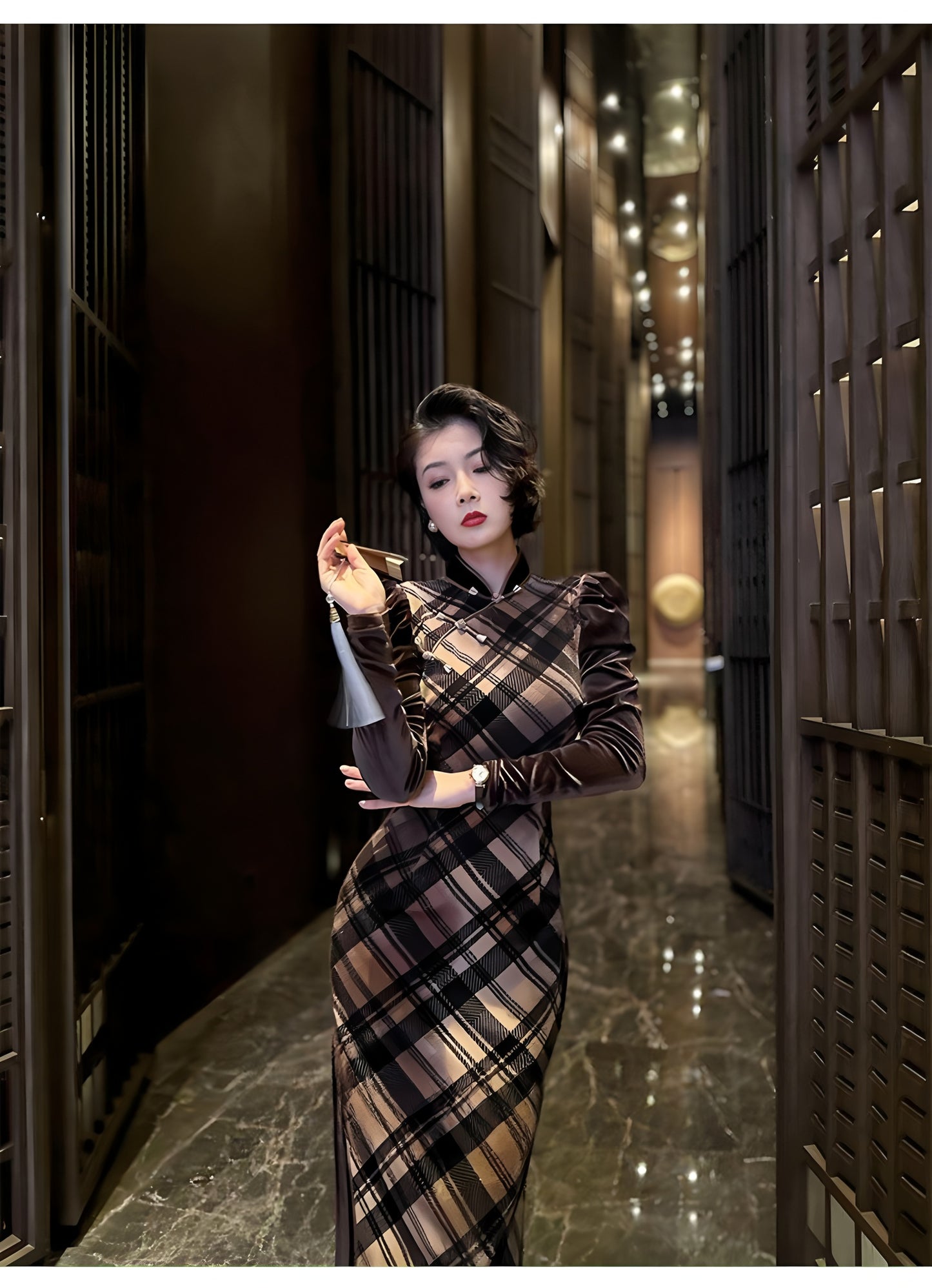 Retro plaid silk cheongsam
