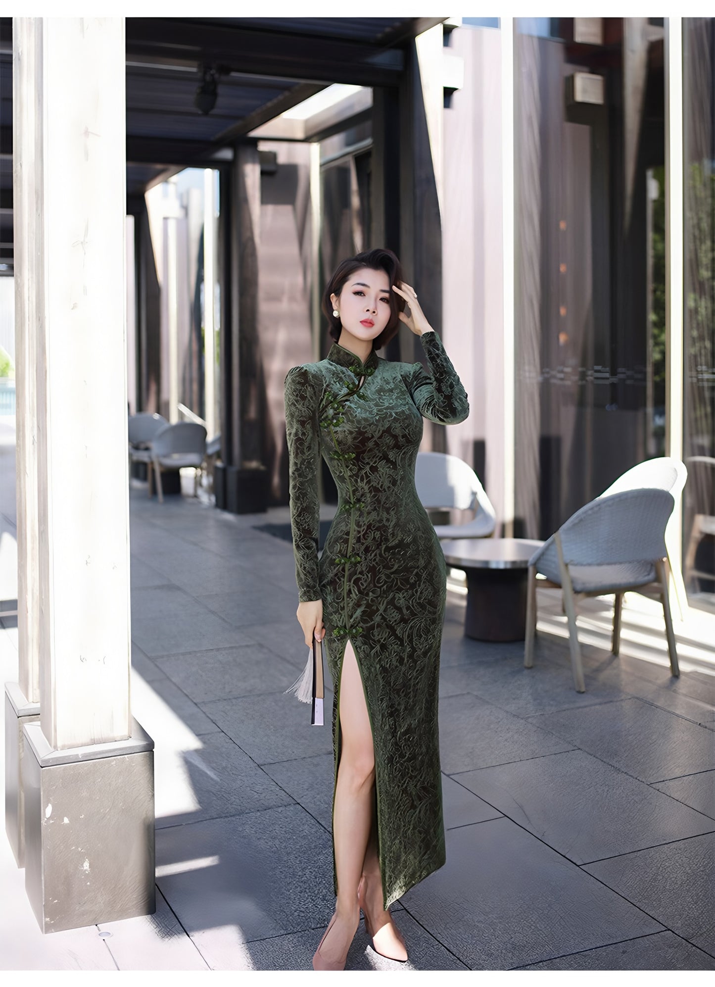 Carved velvet cheongsam dress