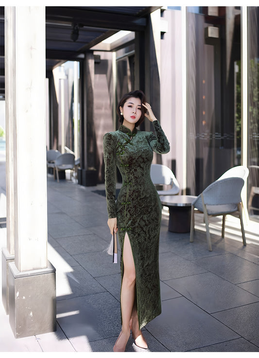 Carved velvet cheongsam dress
