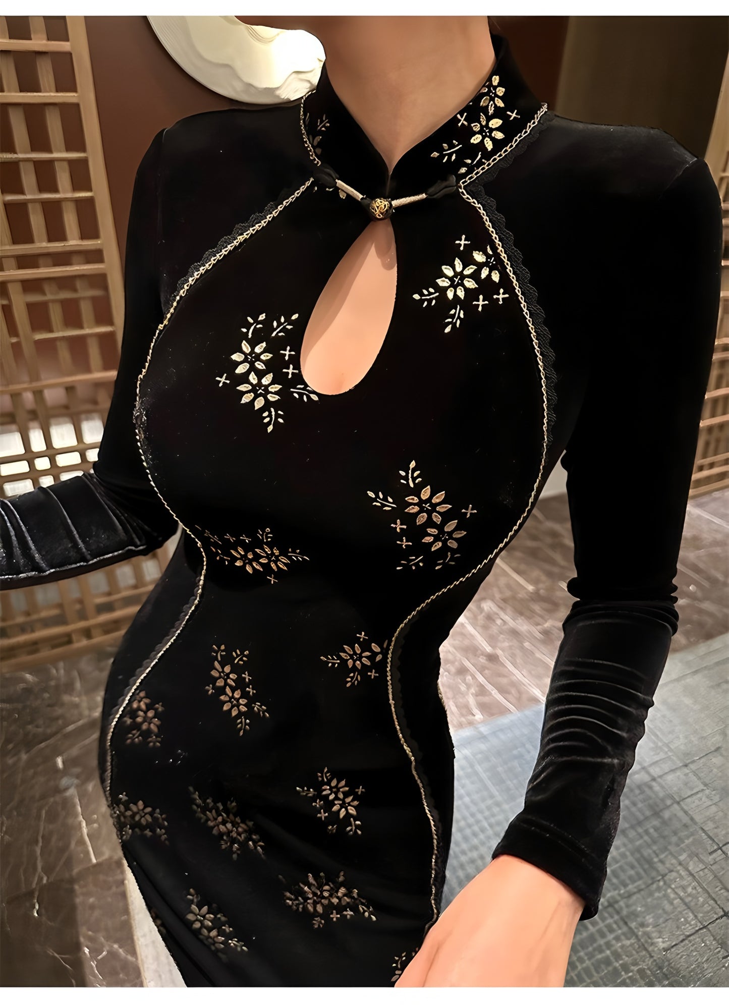Elegant, retro, and sexy cheongsam in gold velvet