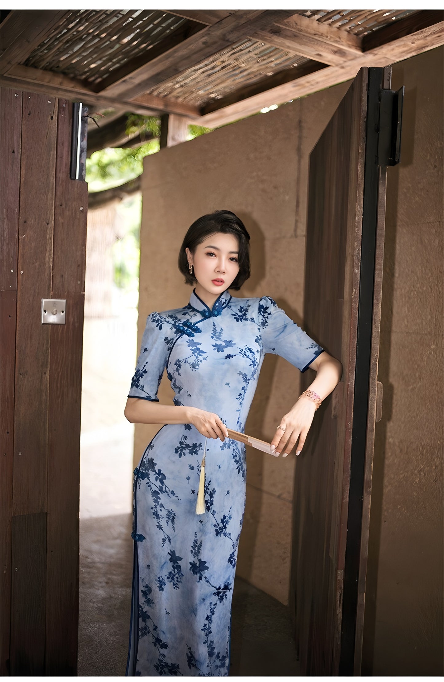 Modern Qipao Gown with Blue Floral Print