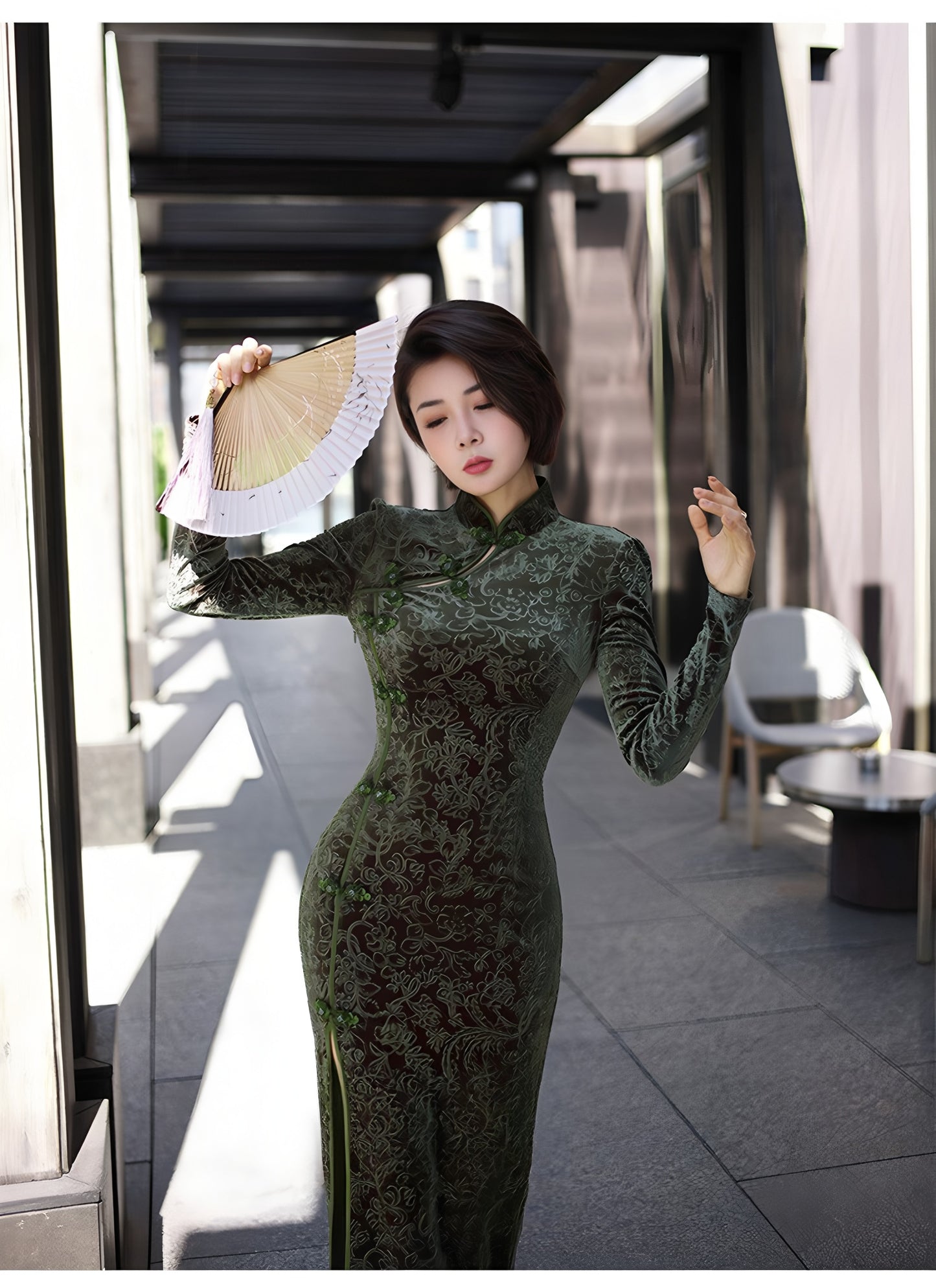 Carved velvet cheongsam dress