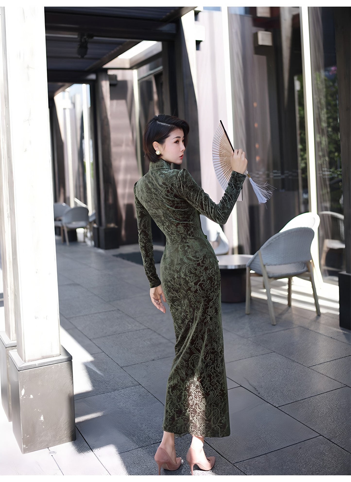 Carved velvet cheongsam dress