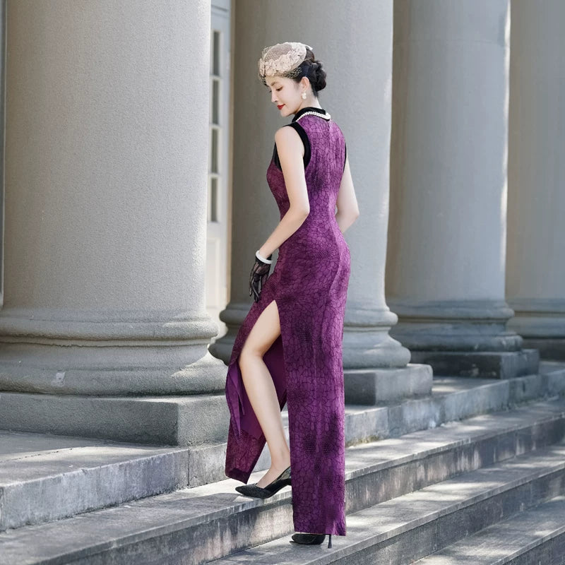 Sleeveless purple modern qipao gown