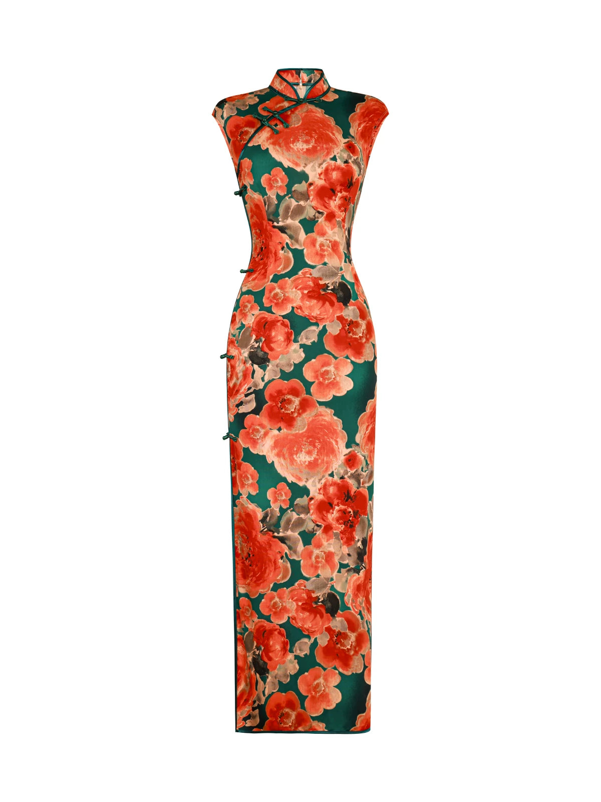 Modern qipao gown with red floral patterns