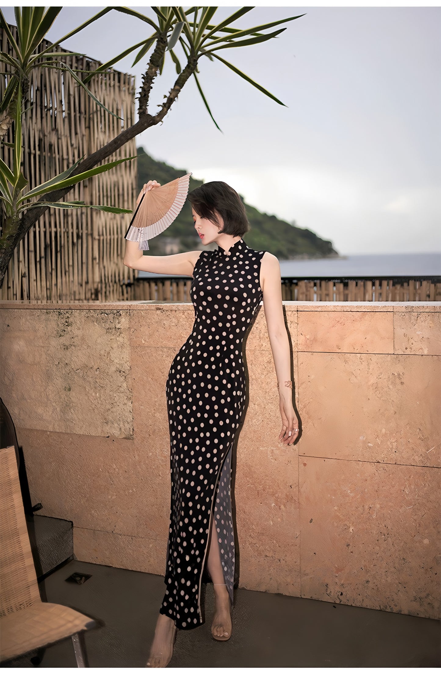 Black Polka-Dot Sleeveless Modern Qipao Gown
