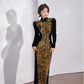 Gold sequined black velvet cheongsam dress