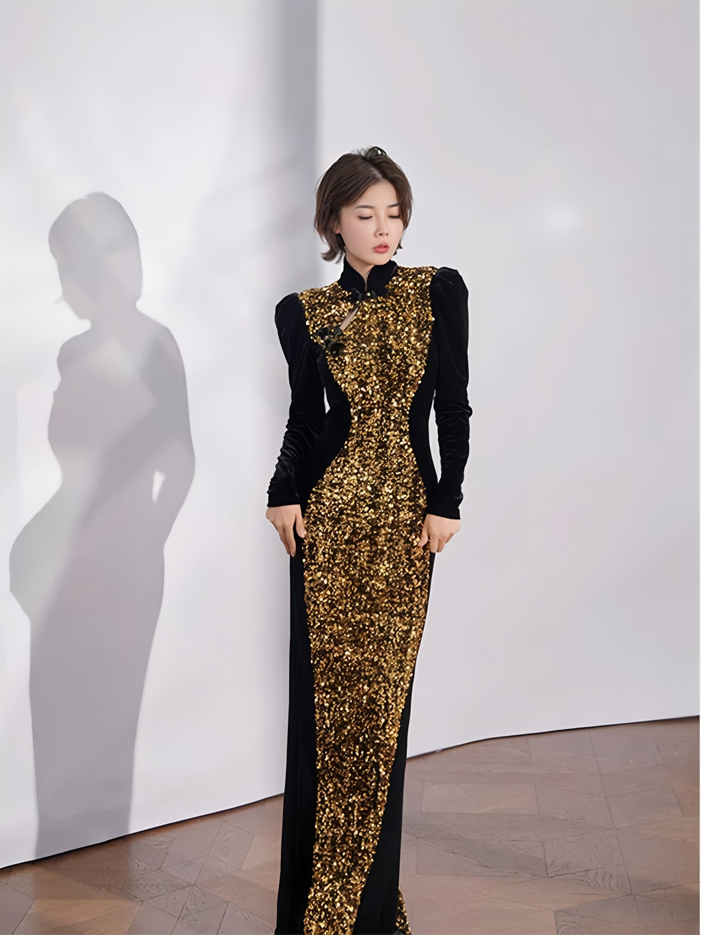 Gold sequined black velvet cheongsam dress