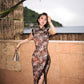 Brown floral qipao gown with lace trim