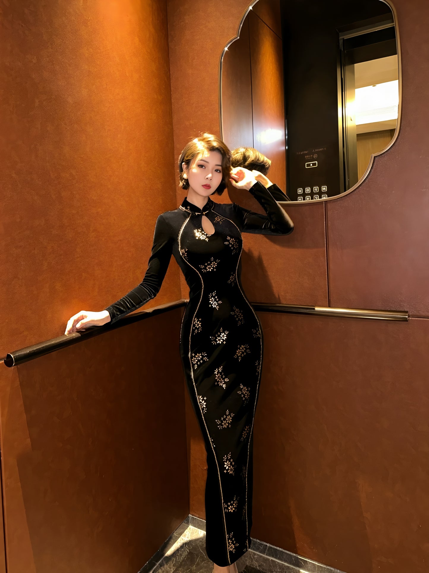 Elegant, retro, and sexy cheongsam in gold velvet