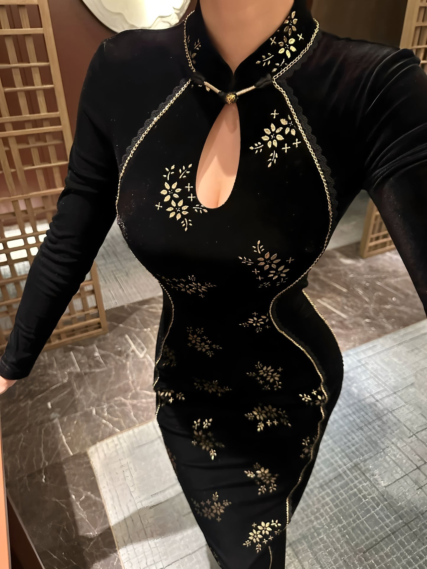 Elegant, retro, and sexy cheongsam in gold velvet