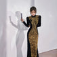 Gold sequined black velvet cheongsam dress