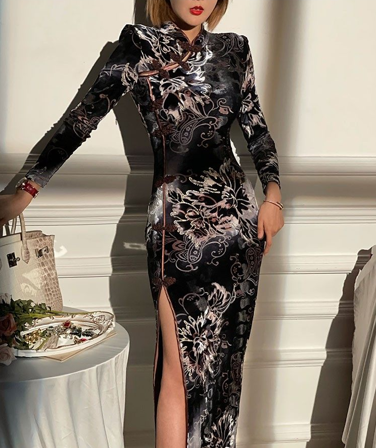 Stretch velvet floral qipao dress