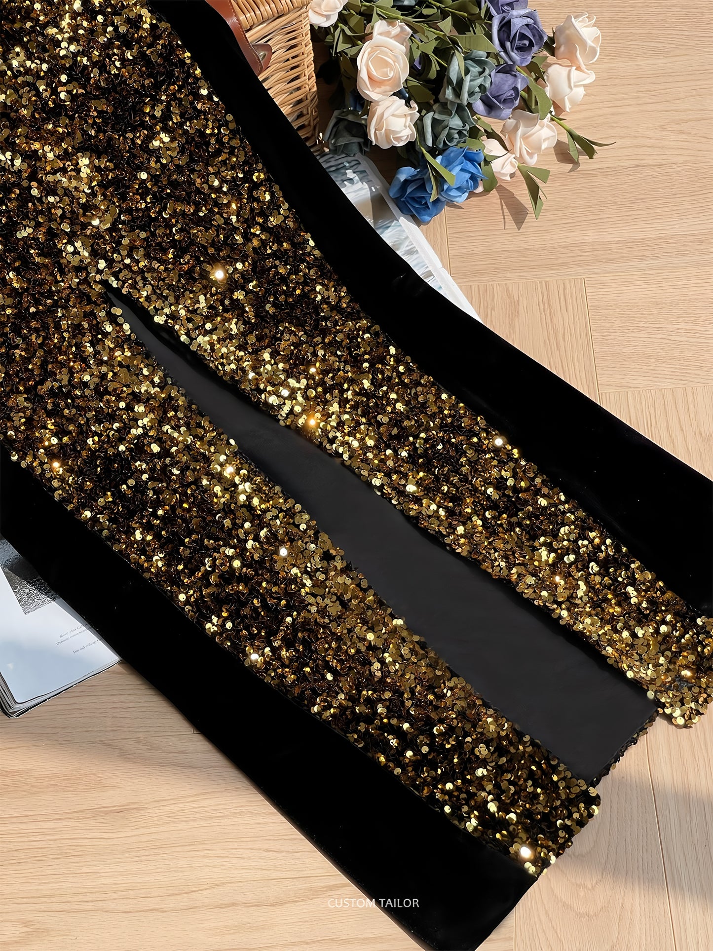Gold sequined black velvet cheongsam dress