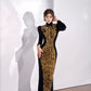 Gold sequined black velvet cheongsam dress
