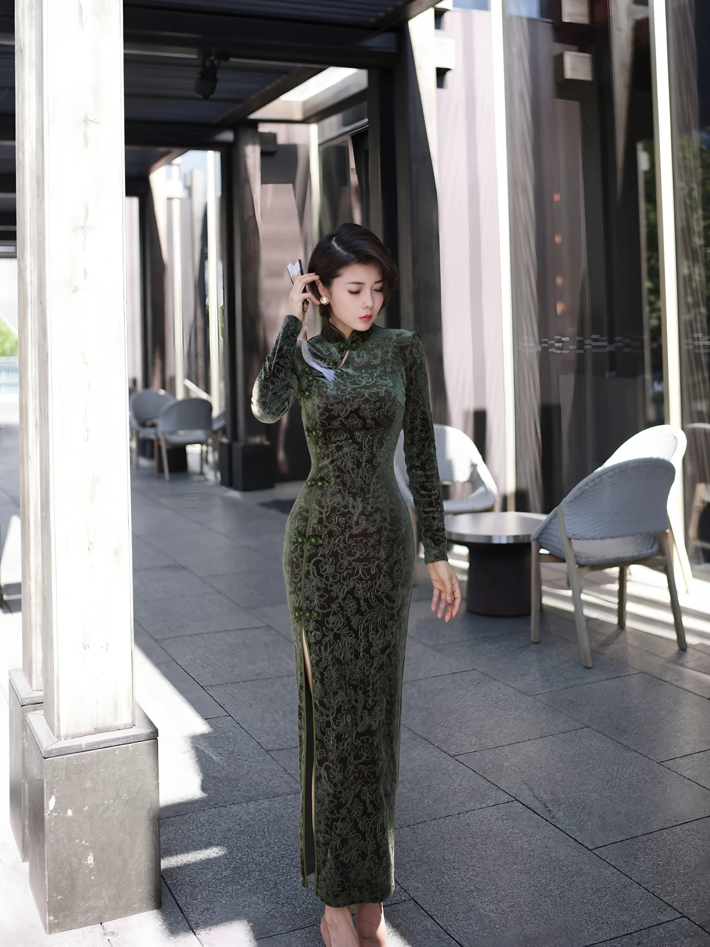 Carved velvet cheongsam dress