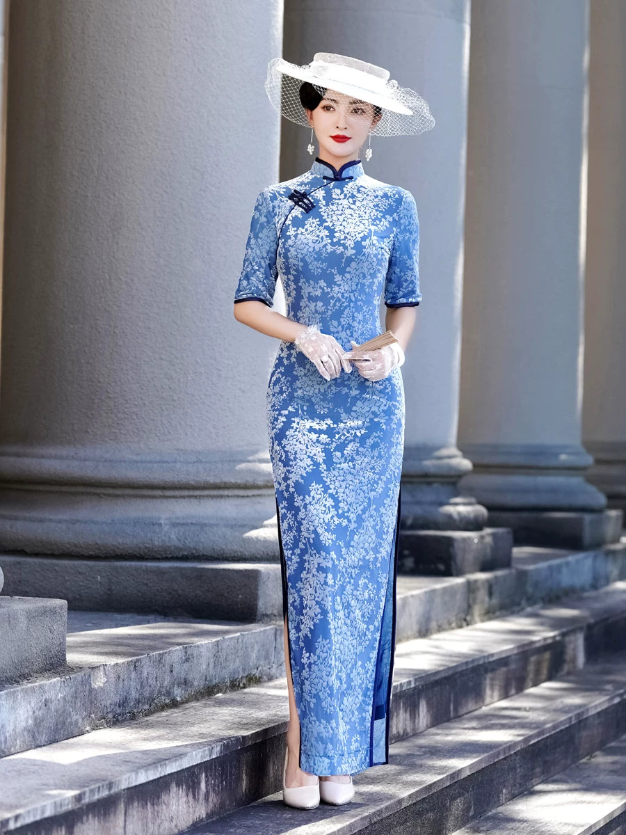 Modern blue embroidered qipao gown