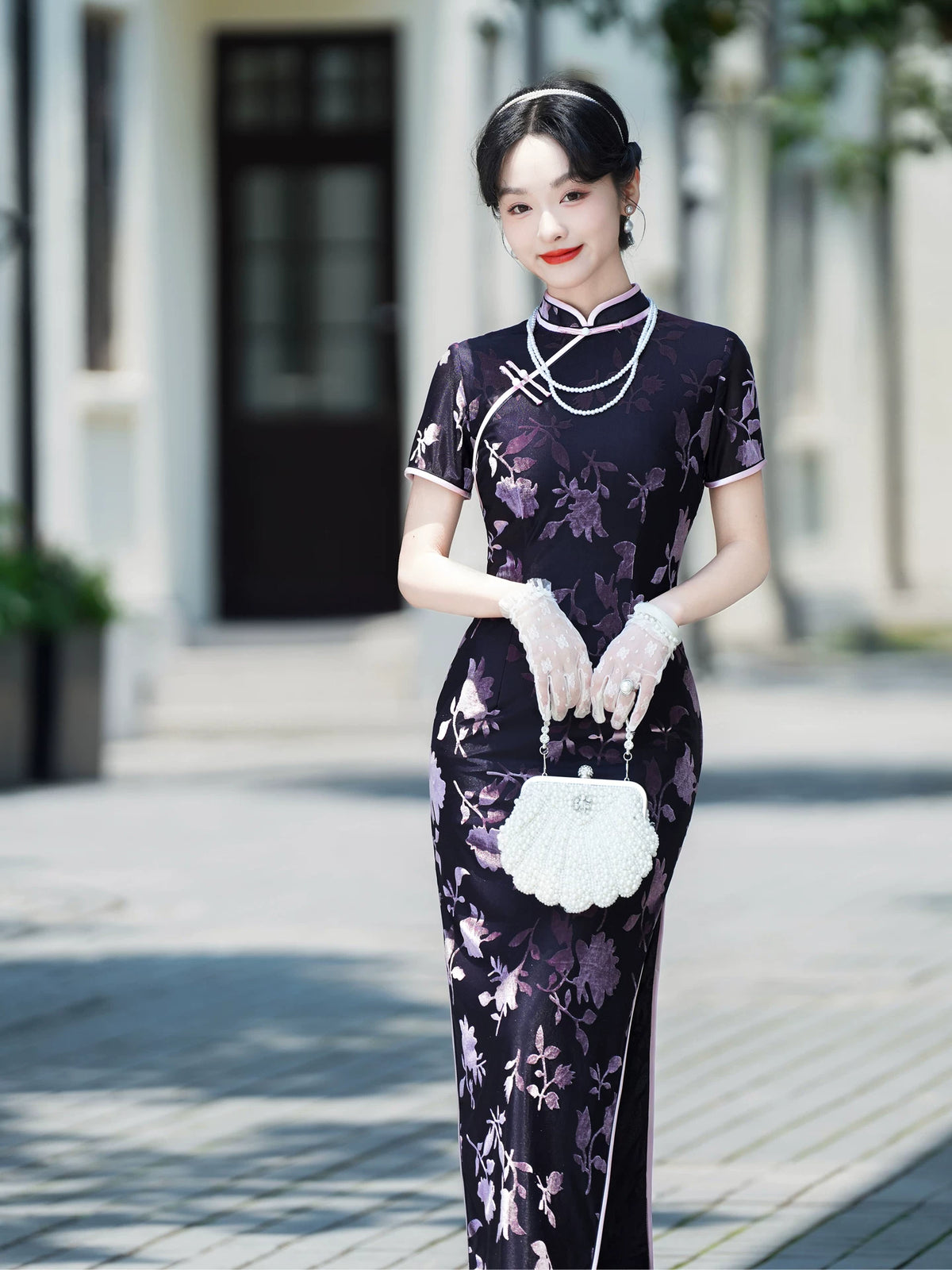 Modern purple velvet qipao gown
