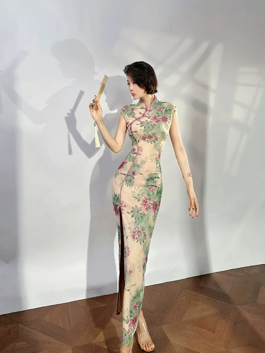 A cyan floral qipao gown for summer.