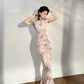 Modern qipao gown with a pink floral pattern