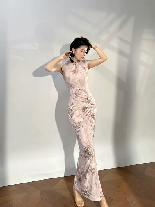 Modern qipao gown with a pink floral pattern