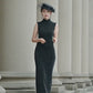 Black velvet sleeveless qipao gown