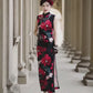 Modern Sleeveless Qipao Gown with Red Floral Print