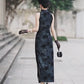 Blue sleeveless modern qipao gown