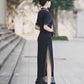 Deep blue floral qipao gown